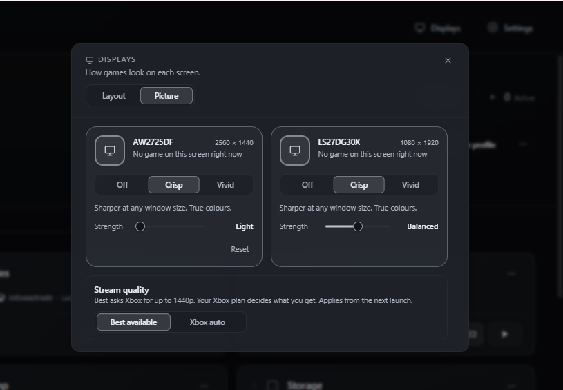 MultiPlay picture controls with separate Crisp strength settings for two monitors and Best available stream quality selected