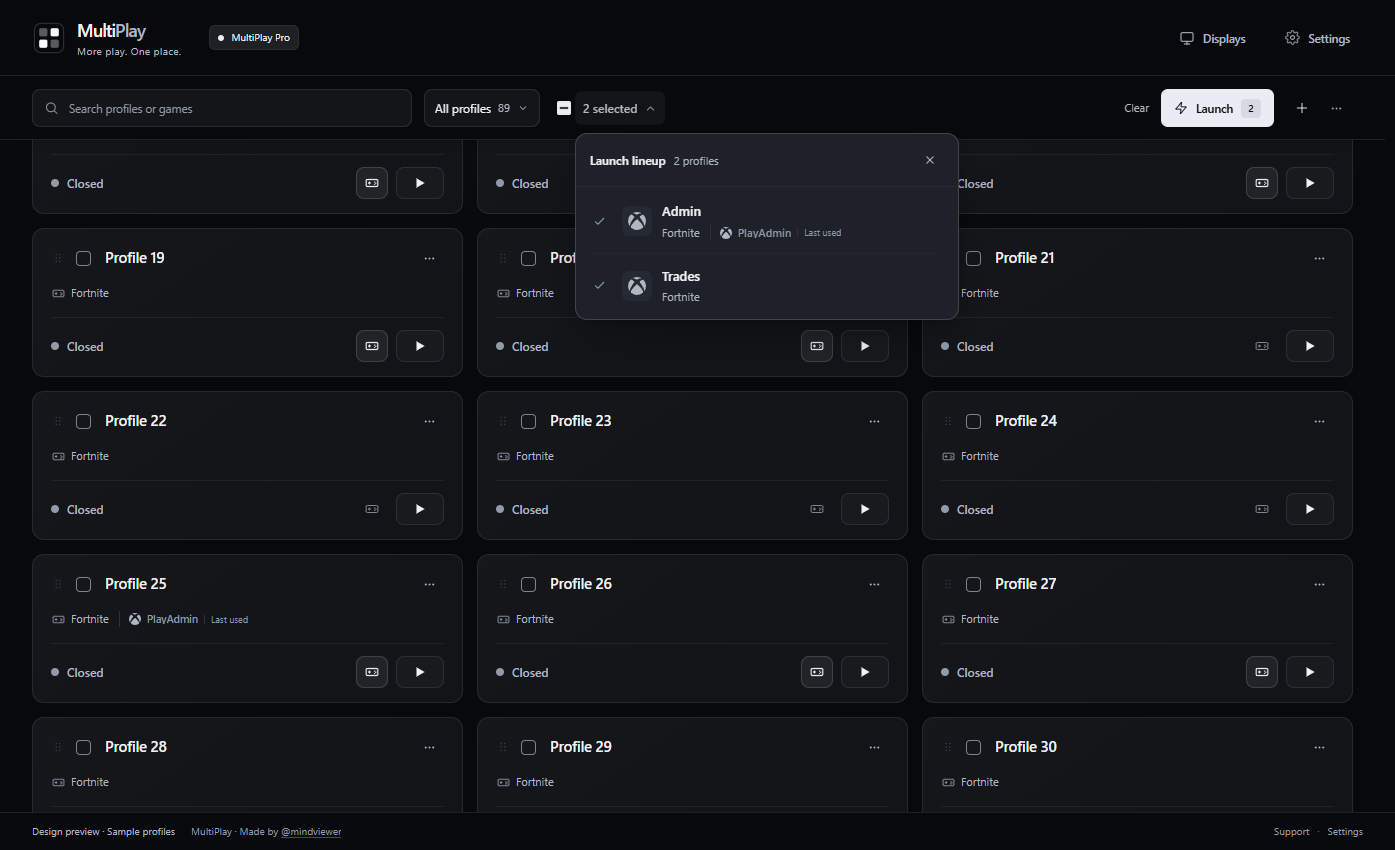 Profile selection menu in the MultiPlay app